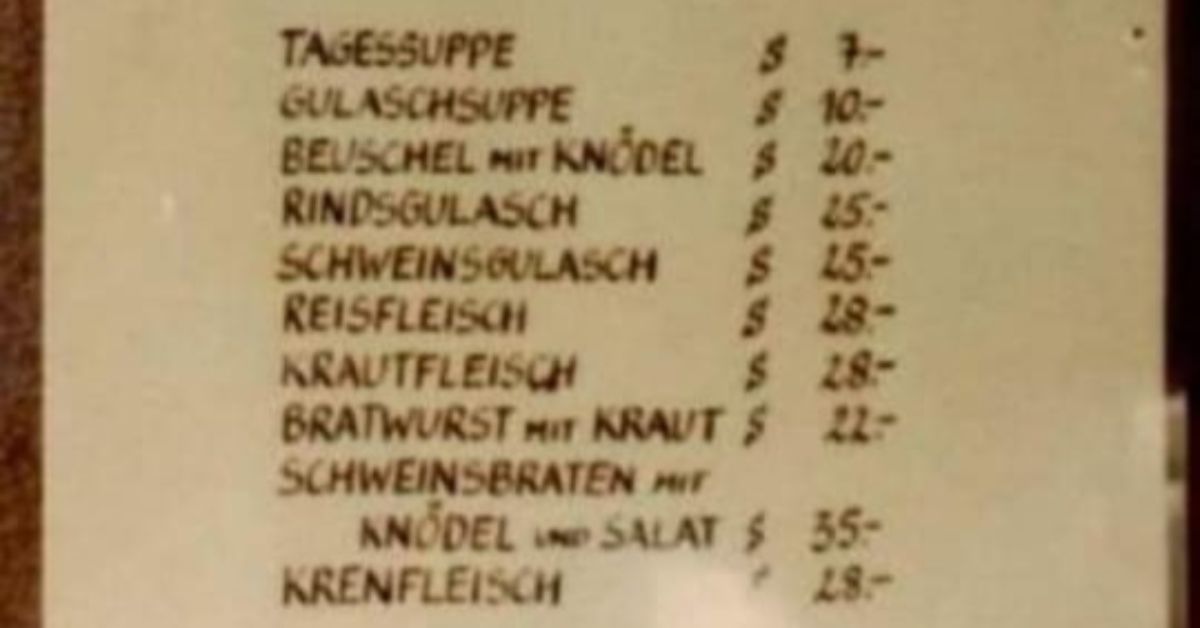 menu Schwaigerwirt w szylingach