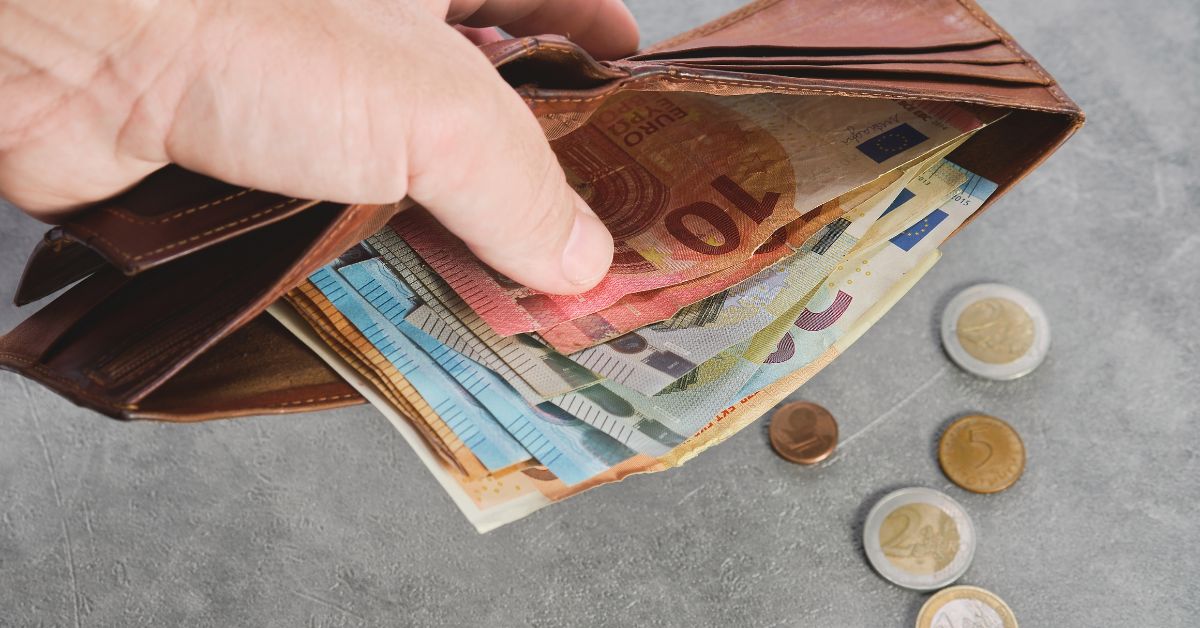 wypłata, pieniądze, portfel, wynagrodzenie, euro, banknoty, monety