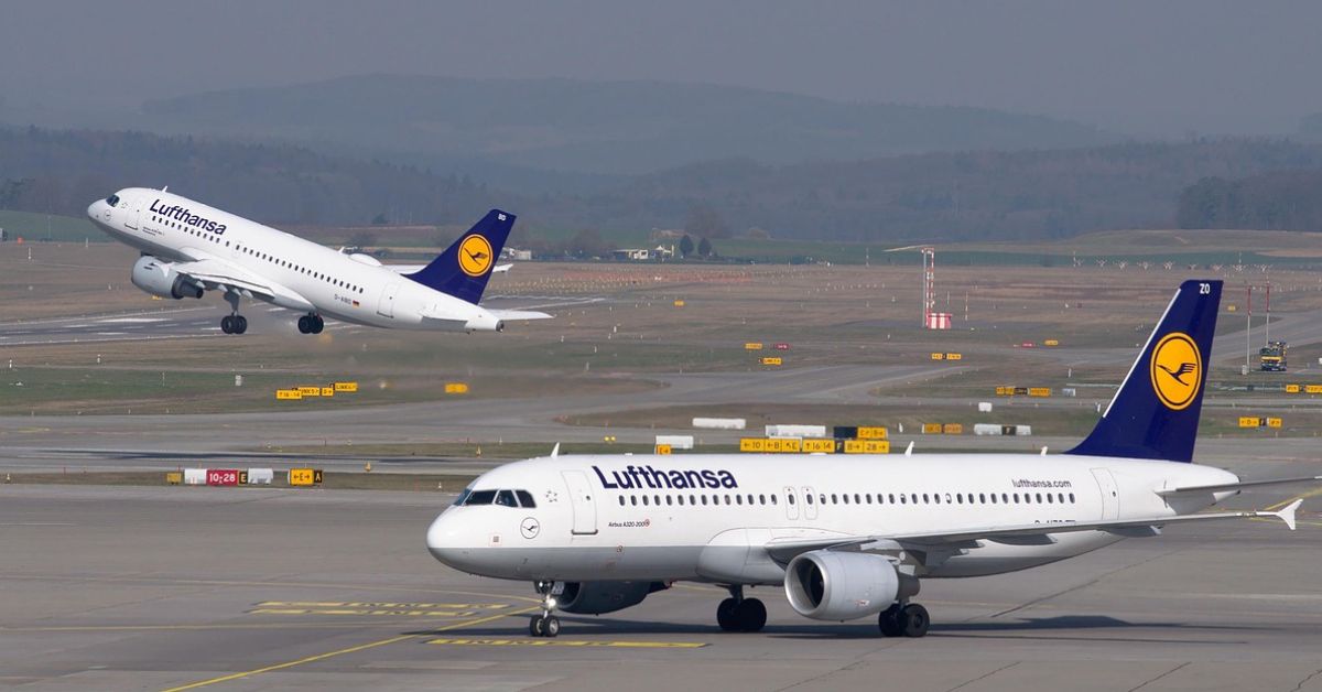 lufthansa, samolot, linia lotnicza, lotnisko