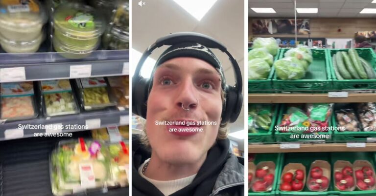 tiktok, szwajcarska stacj abenzynowa, sklep na stacji benzynowej, świeże produkty, amerykanin zachwycony