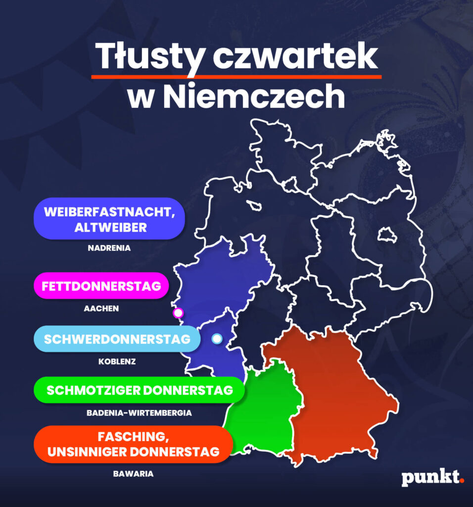 Mapa Niemiec z nazwami: Weiberfastnacht, fettdonnerstag, schmotziger, schwerdonnerstag