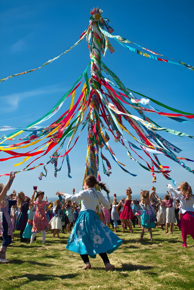 Kolorowy Maibaum otoczony tańczącymi ludźmi w tradycyjnych strojach, opleciony wstążkami podczas święta majowego w Niemczech.