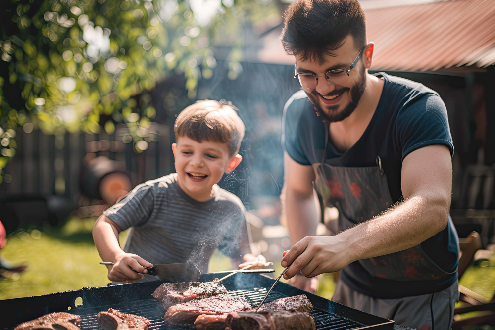 Tata spędza czas z dzieckiem przy grillu w ogrodzie z okazji Vatertag w Austrii